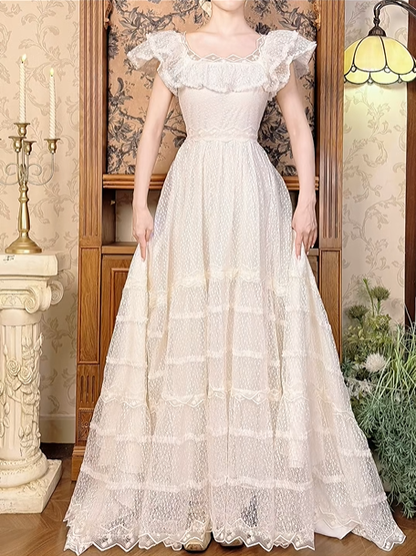 Off‑White Ruffle Neckline Fitted Waist Full Flared Skirt Vintage Lace Elegant Prom Gown, Wedding Dress gh8597