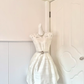 Women White Homecoming Dress, Geometric Cut‑Out Cap Sleeve Striped Jacquard Fabric Pearl Rhinestone Flower Buckle Wide Waistband Pleated Flared A‑Line Mini Party Dress gh9211
