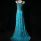 ✨Girlhomeshops-Peacock Blue Halter Beaded Rhinestone Tulle Evening Gown gh10282