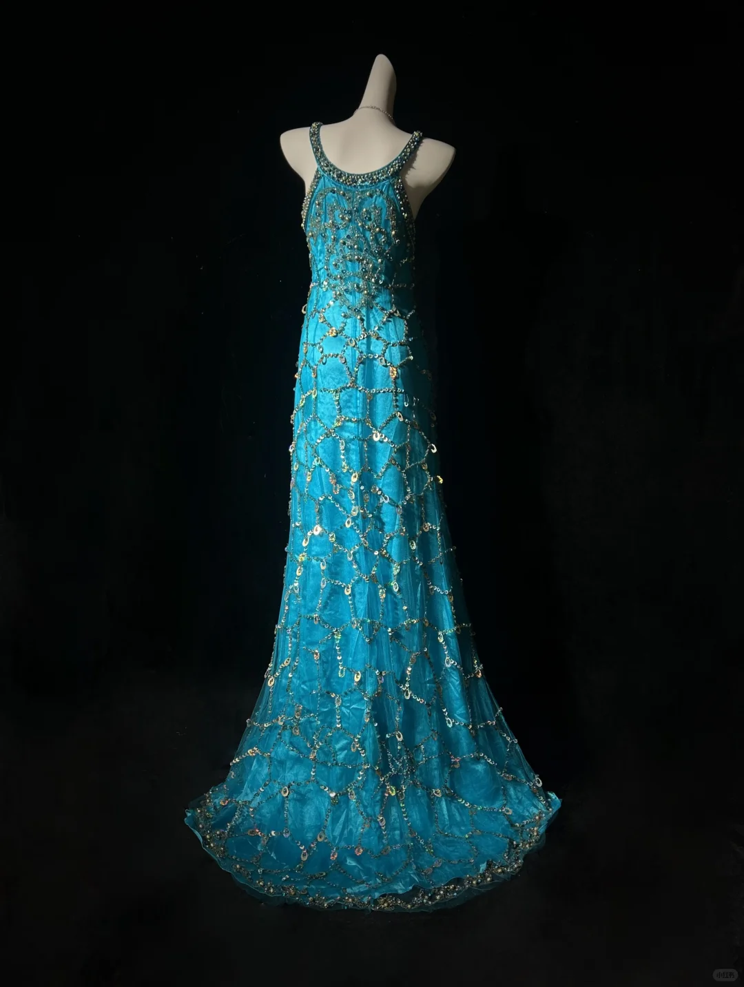 ✨Girlhomeshops-Peacock Blue Halter Beaded Rhinestone Tulle Evening Gown gh10282