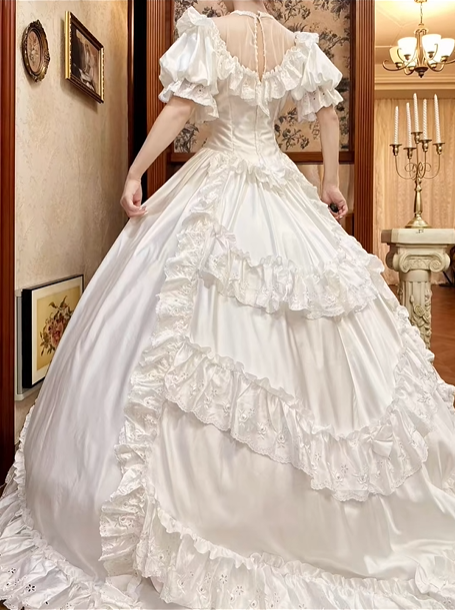White Satin Vintage Illusion V‑Neck Puff Short Sleeve Lace Ruffle Fitted Waist Ball Gown Prom Dress, Wedding Dress gh8616
