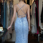 Spaghetti Straps Light Ice Blue Evening Gown Sweetheart Full Sequin Mermaid High Slit Long Prom Dress gh9712