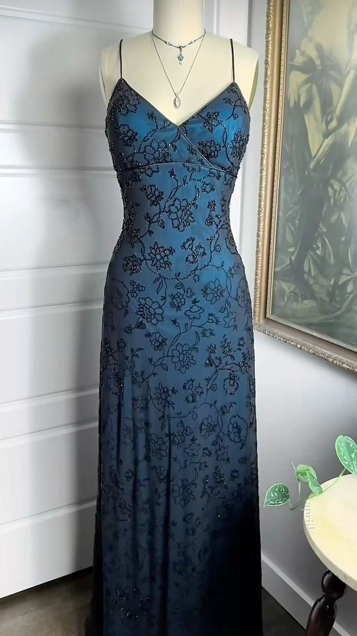 Robe de soirée longue en tulle et sequins, bleu indigo, élégante et brillante, avec des appliques de perles, gh3410