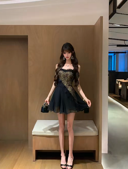 Black Strapless Lace Homecoming Dress Chiffon Mini Prom Gown gh9407