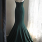 Emerald Green Halter V‑Neck Satin Mermaid Evening Gown, Vintage Metal Brooch Fitted Long Formal Prom Dress gh9122