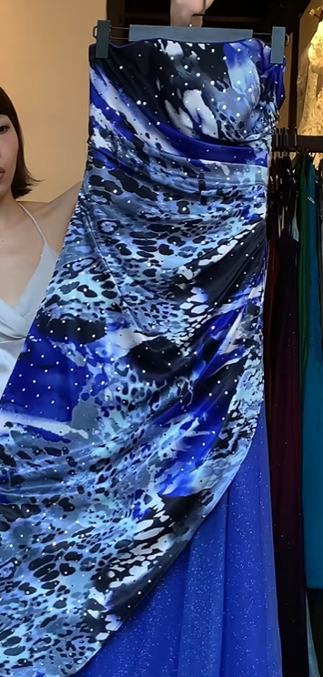 Blue Black Abstract Print Strapless Evening Gown Irregular Draped Overlay Sparkle Tulle Long Prom Dress gh9726