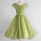 Sage Green 1950s Vintage Midi Evening Dress, Off‑Shoulder Draped Cowl Neck Fitted Bodice Satin Bow Organza Swing Skirt Cocktail Gown gh9086