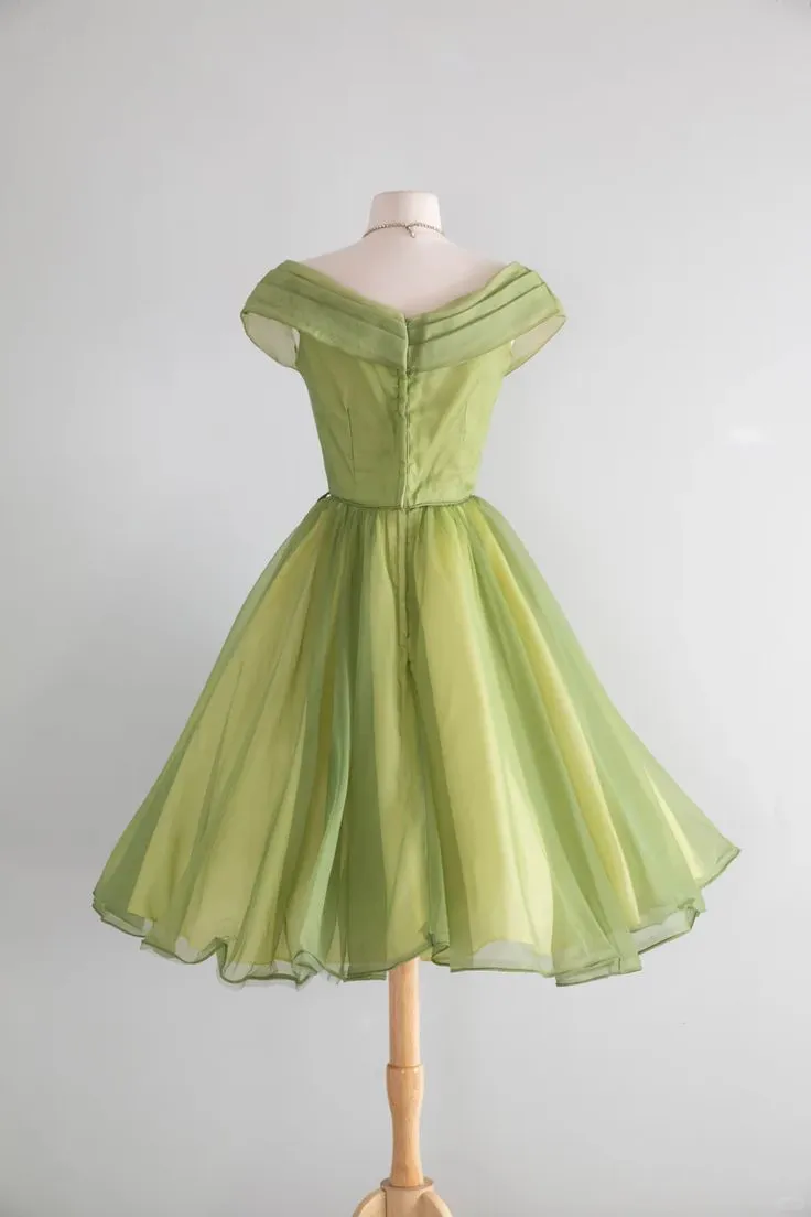 Sage Green 1950s Vintage Midi Evening Dress, Off‑Shoulder Draped Cowl Neck Fitted Bodice Satin Bow Organza Swing Skirt Cocktail Gown gh9086