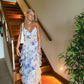 Blaues, bezauberndes Blumenmuster, A-Linie, Spaghettiträger, langes Ballkleid, Partykleid, Abendkleid gh3009