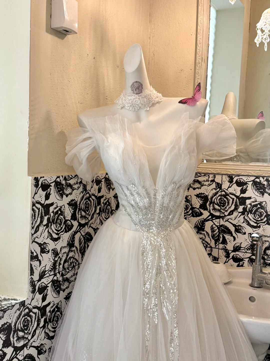 Ivory Soft Off-the-Shoulder Waist-Cinched Full Flared Skirt Romantic Dress, Wedding Gown gh7644