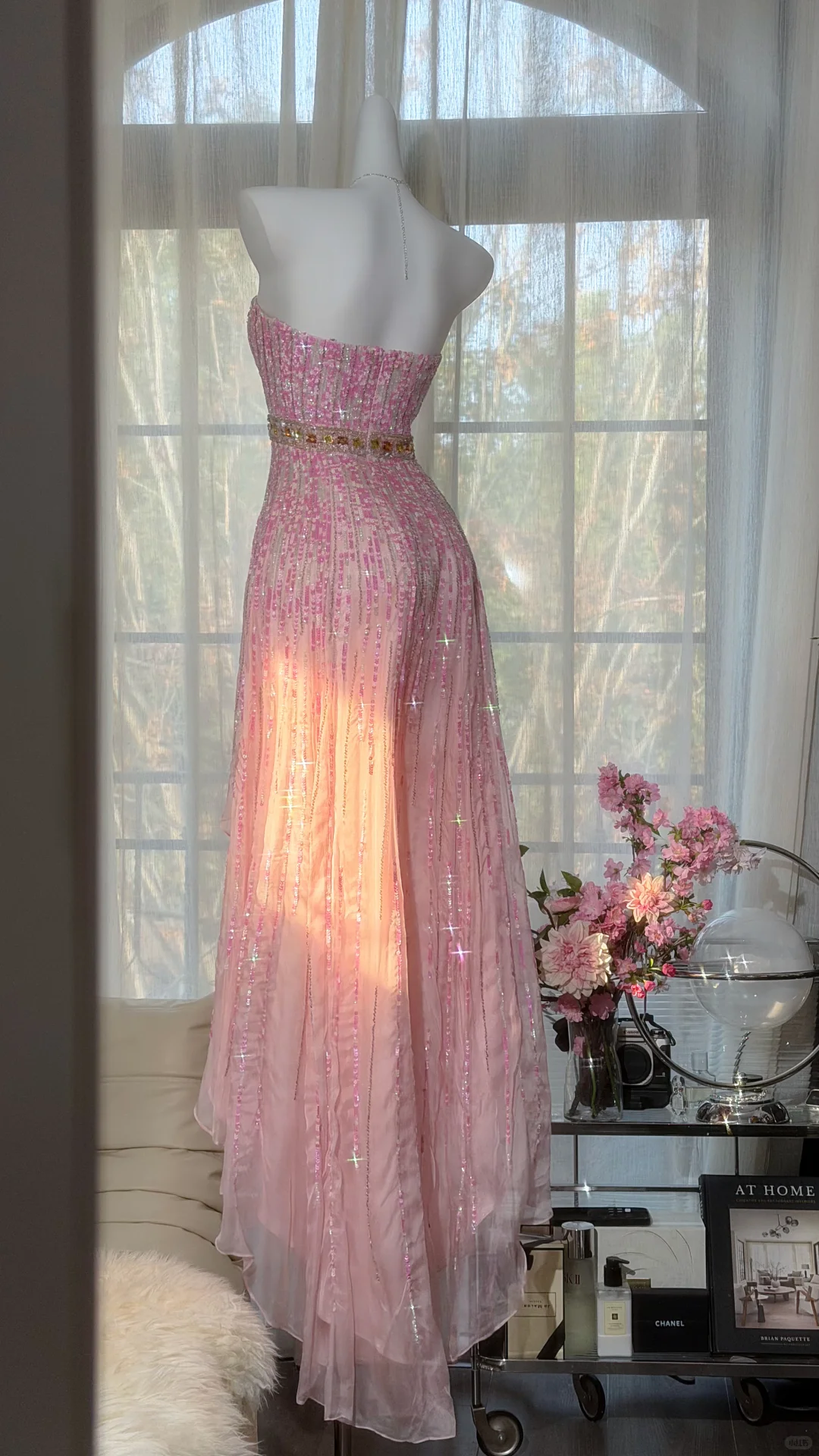 Ombre Pink Strapless Fully Sequin Evening Gown with Colorful Rhinestone Waistband & Irregular Ruffle Mermaid Skirt, Prom Dress gh9535