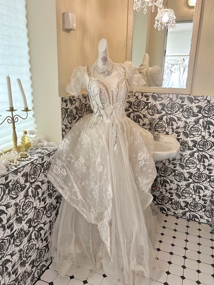 Ivory Puff Sleeve Cinched Waist Sequined Voluminous Skirt Long Romantic Dress, Wedding Gown gh7809
