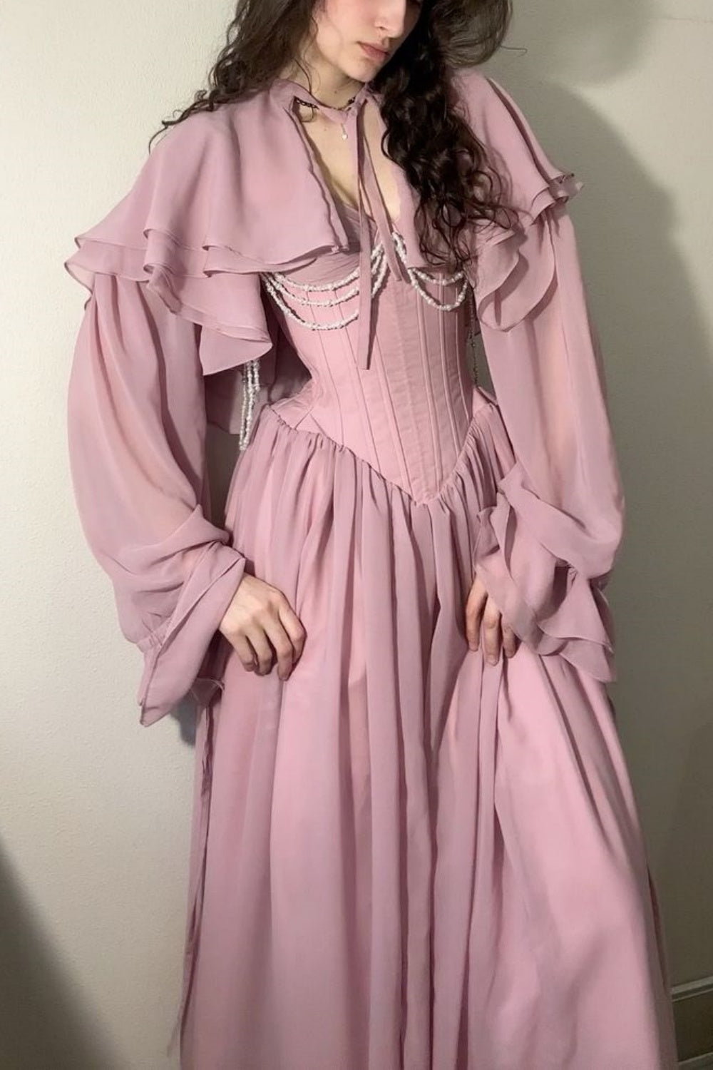 girlhomeshops-Retro, elegant, flowing A-line long-sleeved, corseted chiffon prom dress gh5755