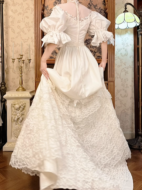 Off‑White Vintage Victorian High‑Neck Lace Illusion Puff Lantern 3/4 Sleeve Fitted Waist Multi‑Tier Lace Hem Long Prom Gown, Wedding Dress gh8611