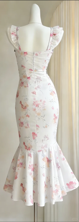 Square Neck White Floral Mermaid Formal Dress Watercolor Print Ruffle Flutter Sleeve Midi Homecoming Gown gh9473