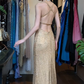 Gold Spaghetti Strap Long Formal Gown Allover Beaded High Slit Evening Dress gh9647