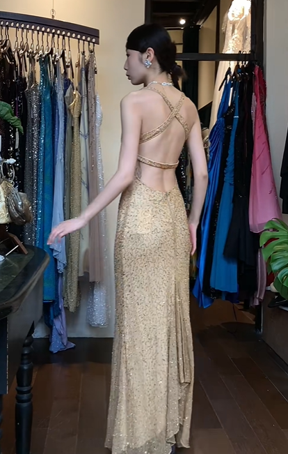 Gold Spaghetti Strap Long Formal Gown Allover Beaded High Slit Evening Dress gh9647