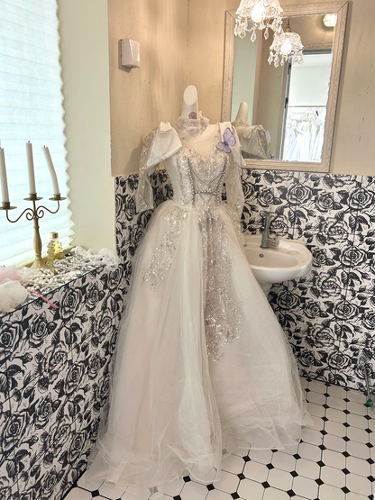 Ivory Rhinestone Cinched Waist Figure-Flattering Voluminous Skirt Long Premium Romantic Dress, Wedding Gown gh7811