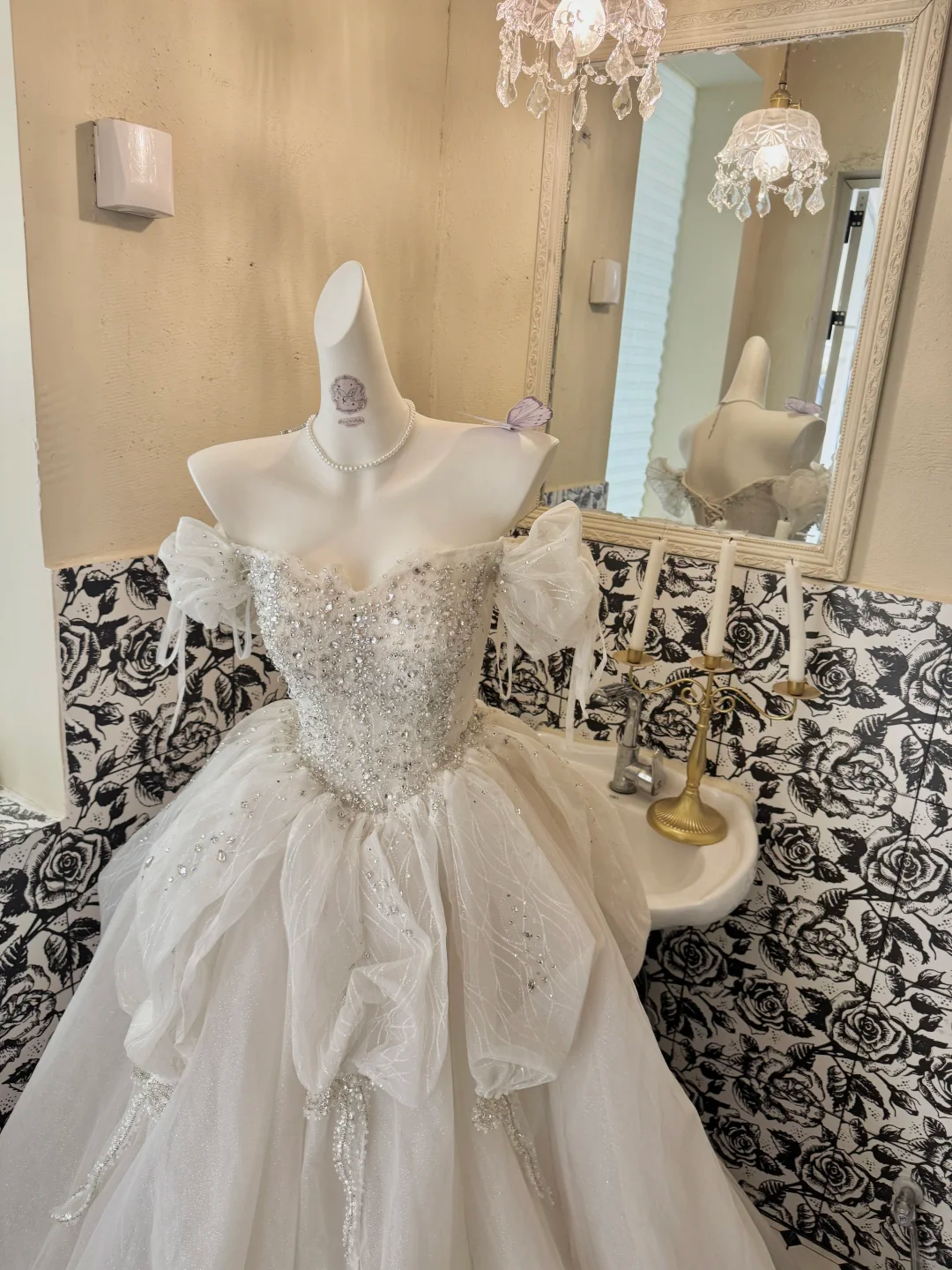 Ivory Off-the-Shoulder Cinched Waist Rhinestone Voluminous Skirt Long Romantic Dress, Wedding Gown gh7806