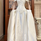 Ivory Vintage Satin Wedding Gown, Off‑the‑Shoulder Fold‑Over V‑Neck, Lace Appliqué Fitted Waist, A‑Line Long Skirt With Lace Embroidery, Lace Trimmed Train, Bridal Prom Dress gh8728