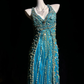 ✨Girlhomeshops-Peacock Blue Halter Beaded Rhinestone Tulle Evening Gown gh10282