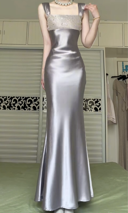 Silver‑Grey Square Neck Wide Strap Mermaid Evening Gown, Sequin Beaded Bodice Satin Formal Prom Dress gh9023