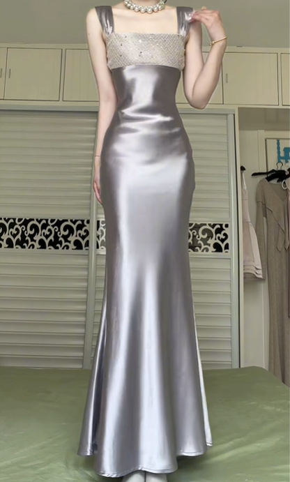 Silver‑Grey Square Neck Wide Strap Mermaid Evening Gown, Sequin Beaded Bodice Satin Formal Prom Dress gh9023