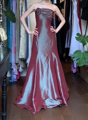 Burgundy Vintage Prom Dress Strapless Twisted Bodice 3D Flower Iridescent Mermaid Long Evening Gown gh9609