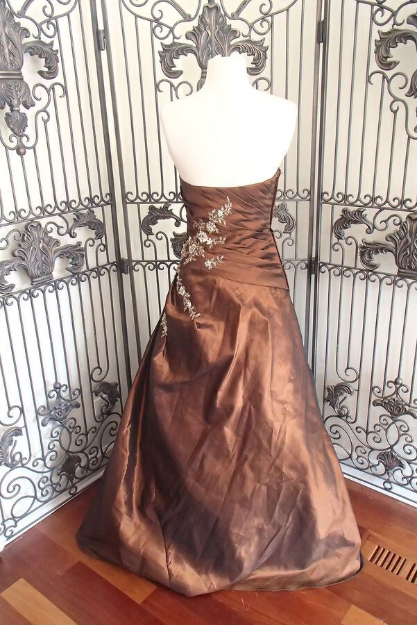 Wunderschönes Vintage-Abendkleid aus Satin mit exquisiter Applikation, langes, elegantes Ballkleid, braun, gh3313