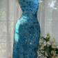 Turquoise Thin Halter Strap Sequin Midi Bodycon Evening Dress, Party Prom Gown gh9513