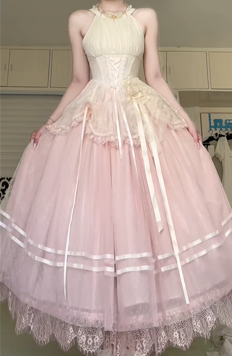 Cream‑Pink Halter Neck Lolita Victorian Long Gown, Corset Bodice Lace Overlay Ribbon Trim Tulle Ballgown Formal Prom Dress gh8985
