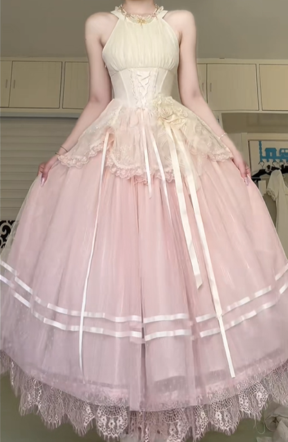 Cream‑Pink Halter Neck Lolita Victorian Long Gown, Corset Bodice Lace Overlay Ribbon Trim Tulle Ballgown Formal Prom Dress gh8985