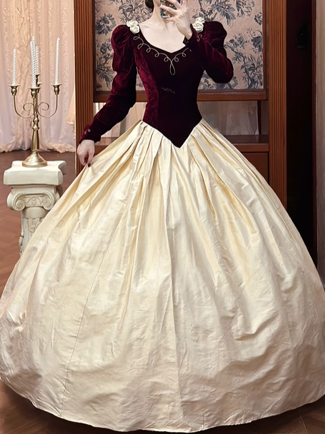 Burgundy Velvet & Cream Gold Satin Vintage Ball Gown, V‑Neck With Gold Embroidery, Leg‑of‑Mutton Puff Long Sleeves, 3D Floral Shoulder Decor, Voluminous A‑Line Skirt, Prom Dress gh8662