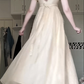 Cream Apricot Square Neck Puff Sleeve Empire Waist Long Gown, Mesh Panel Neckline, Pearl Chain Ornament, Flowy Chiffon Maxi Skirt, Vintage Prom Party Dress gh8924