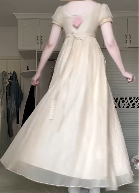 Cream Apricot Square Neck Puff Sleeve Empire Waist Long Gown, Mesh Panel Neckline, Pearl Chain Ornament, Flowy Chiffon Maxi Skirt, Vintage Prom Party Dress gh8924