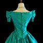 Peacock Green Satin Vintage Midi Ball Gown, V‑Neck Puff Short Sleeves, White Lace Shoulder Applique, Fitted Waist, Full A‑Line Midi Skirt, Retro Prom Dress gh8909