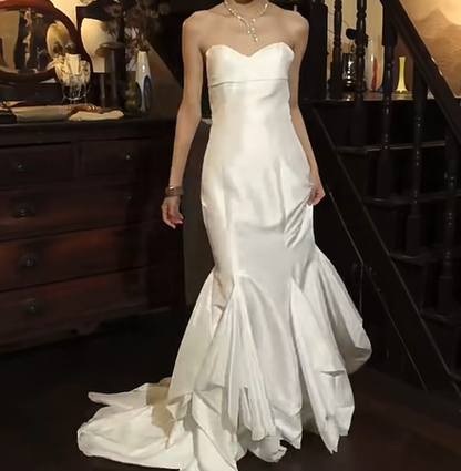 Ivory Strapless Sweetheart Mermaid Wedding Dress Satin Ruffled Skirt Bridal Gown gh9849