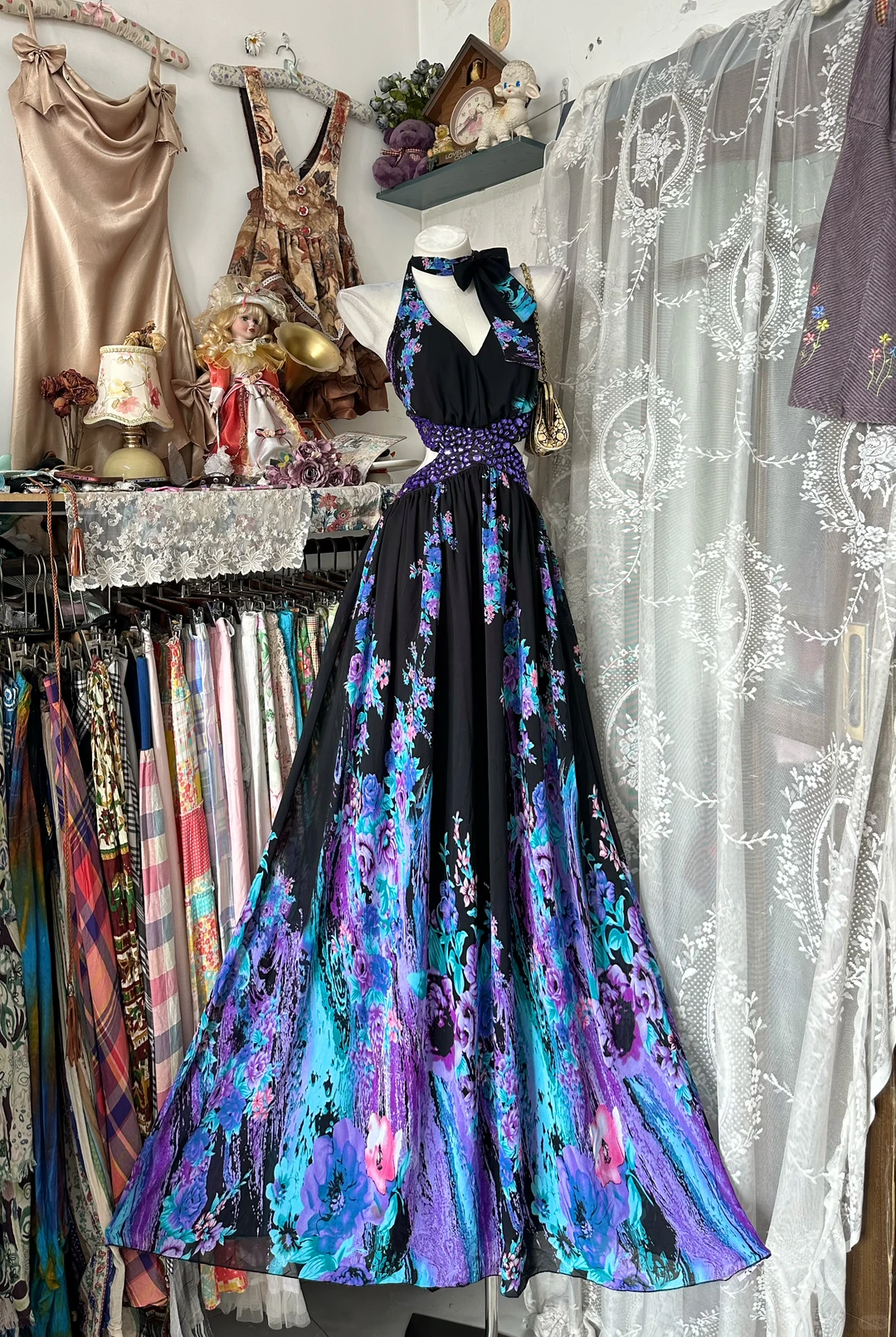 Sexy Long Black Base Vintage Blue Skirt Print Backless Prom & Evening Party Dress gh8473
