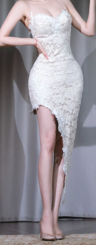 ✨Girlhomeshops-Spaghetti Strap White Lace Evening Gown Sweetheart Asymmetric High Low Party Dress gh10037