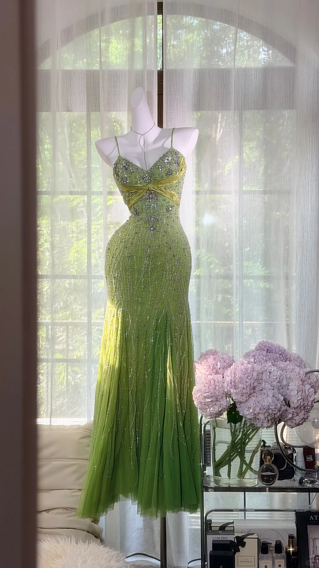 Avocado Green Heavy Beaded Rhinestone Mermaid Prom Dress, Sweetheart Spaghetti Strap Tulle Long Evening Gown, Gradient Green Formal Party Dress gh9491
