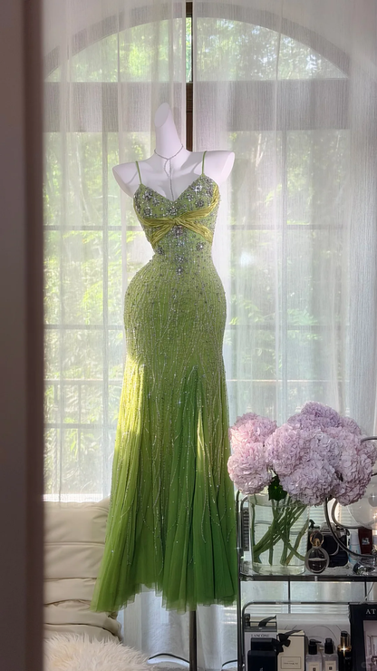 Avocado Green Heavy Beaded Rhinestone Mermaid Prom Dress, Sweetheart Spaghetti Strap Tulle Long Evening Gown, Gradient Green Formal Party Dress gh9491