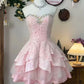 Robe de bal rose mignonne, décolleté en cœur, courte, mini, en dentelle, robe de soirée formelle, robe de cocktail, tenue de collège, tenue Hoco gh4657