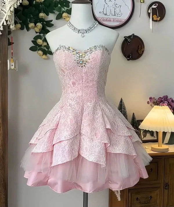 Robe de bal rose mignonne, décolleté en cœur, courte, mini, en dentelle, robe de soirée formelle, robe de cocktail, tenue de collège, tenue Hoco gh4657