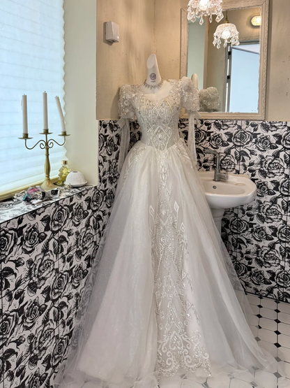 Ivory Rhombus Rhinestone Puff Sleeve Waist-Cinched Full Flared Romantic Dress, Wedding Gown gh7524