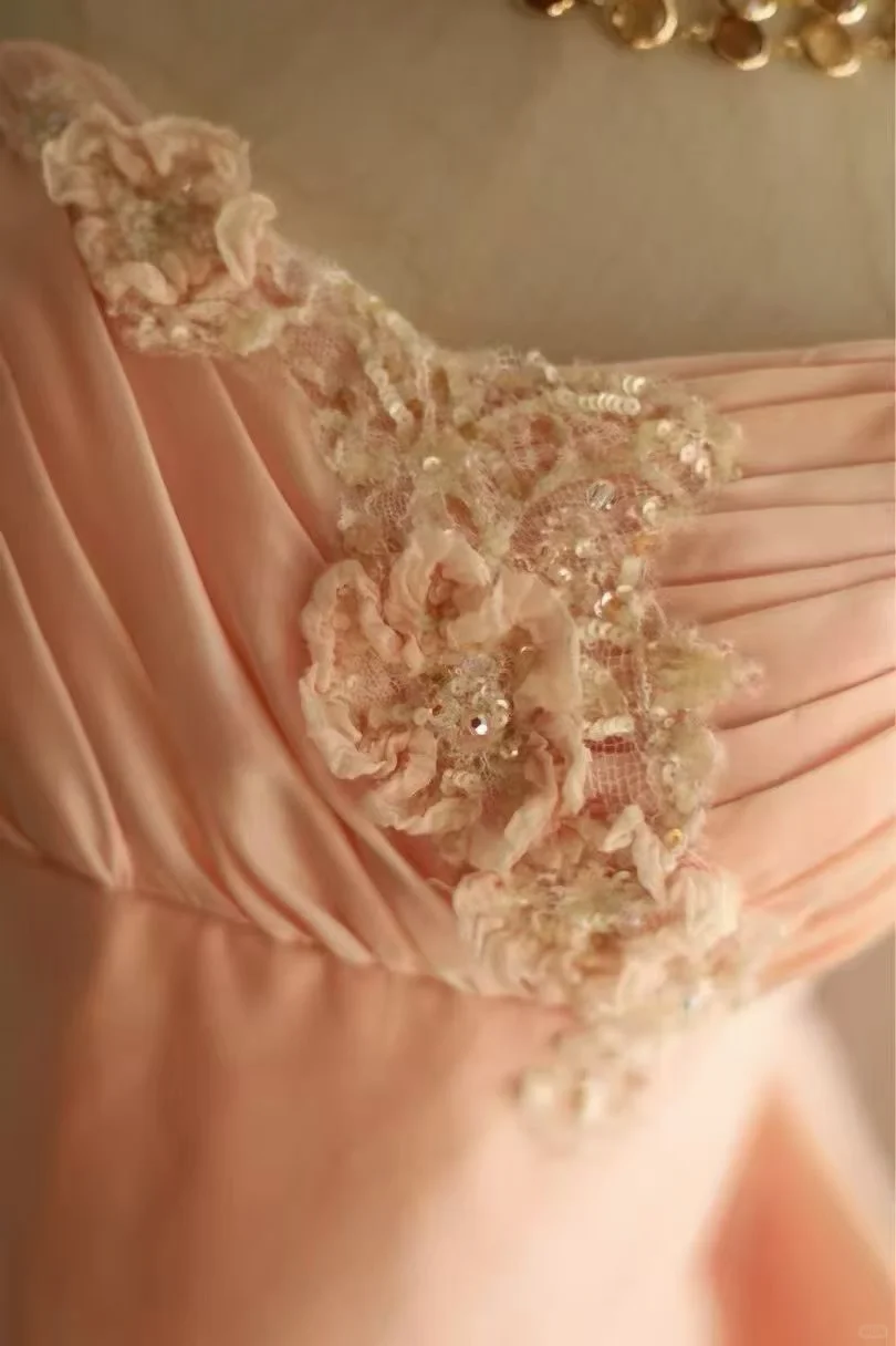 Peach Pink Strapless Ball Gown, Sweetheart Neckline 3D Floral Appliqué High Waist Back Big Bow Flowy Tulle A‑Line Long Formal Dress gh9109