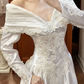White Vintage Satin Long Train Wedding Prom Dress, Off‑the‑Shoulder Pleated Cape V‑Neck, Lace Embroidered Long Sleeves, Baroque Lace Appliqués gh8716