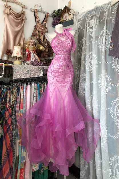 ✨Girlhomeshops-Fuchsia Halter Beaded Mermaid Gown Ruffle Tulle gh10135