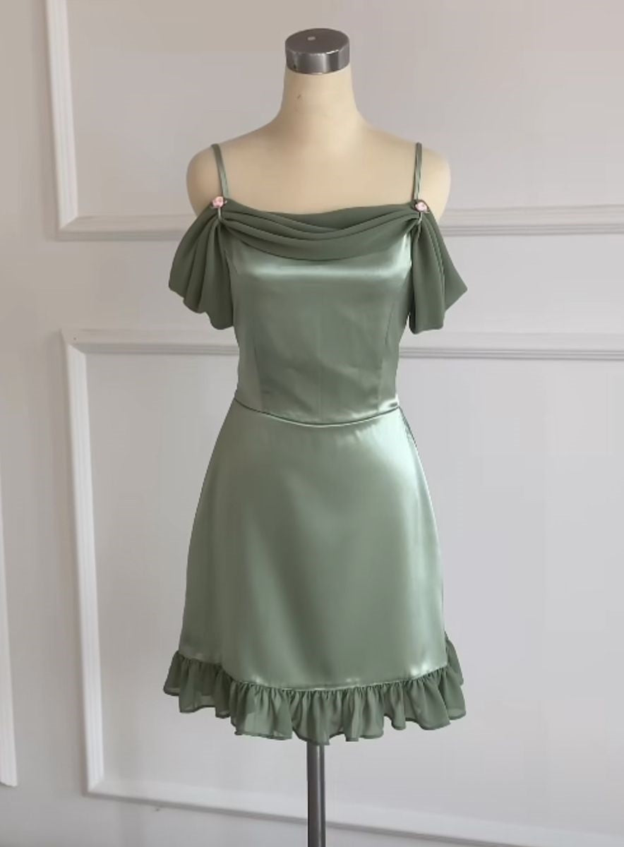 Matcha Grün Retro Süßes Einfaches Kurzes Satin Homecoming Kleid Partykleid gh4894