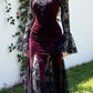 Girlhomeshops - Robe de soirée à manches longues en velours bordeaux et dentelle gothique GH5813