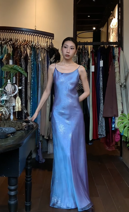 Iridescent Blue Spaghetti Straps Long Formal Gown Shimmer Satin Straight Evening Dress gh9669